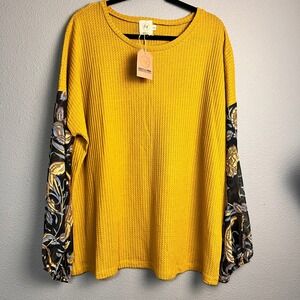 Grace & Emma Mustard Yellow Mixed Media Waffle Knit Floral Contrast Top 3XL New
